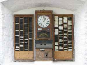 1889: One of the first commercial time clocks from Willard and Harlow Bundy of the Bundy Manufacturing Co. in Binghamton, NY 